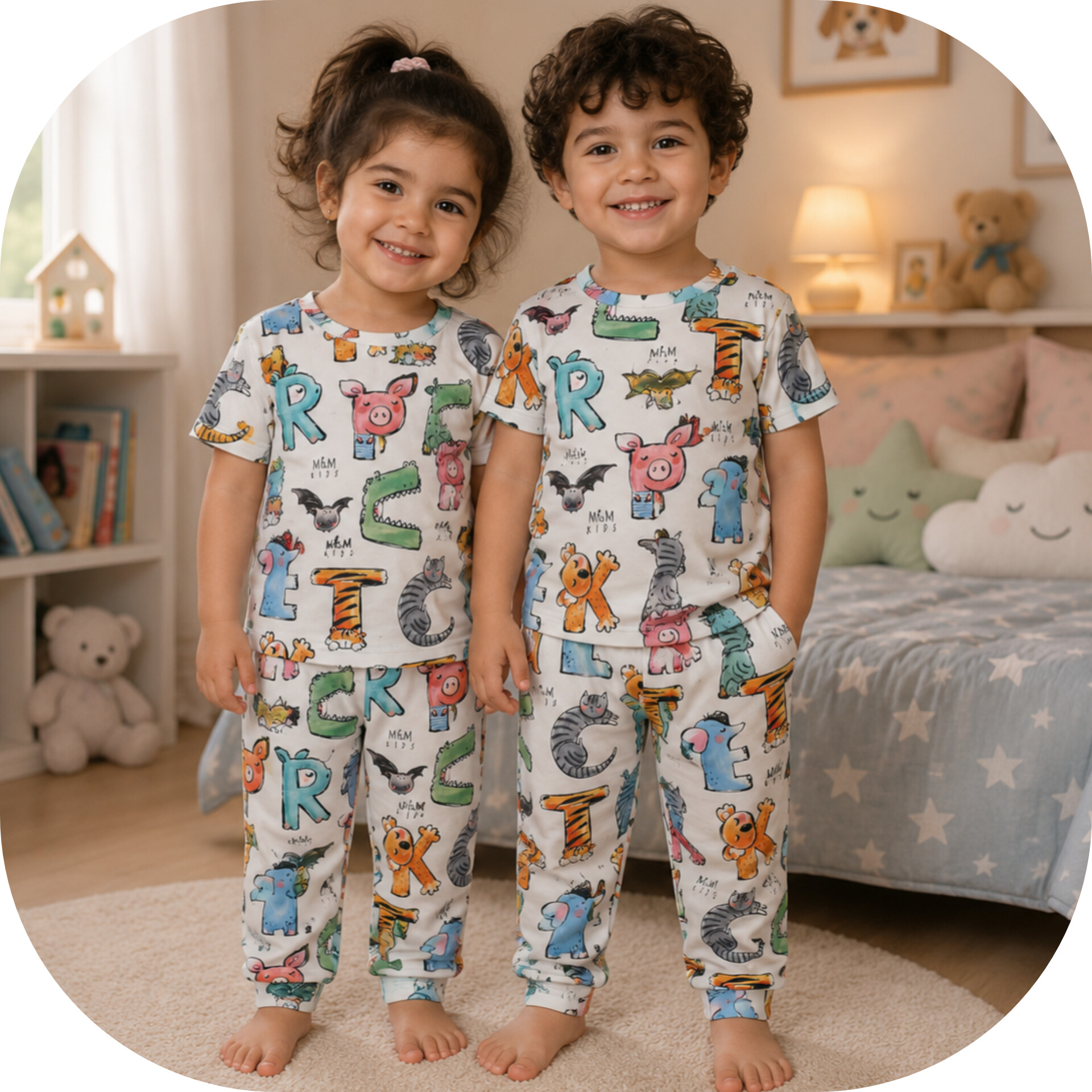 ست بلوز آستین کوتاه وشلوار m&m kids اسپرت طرح حیوانات