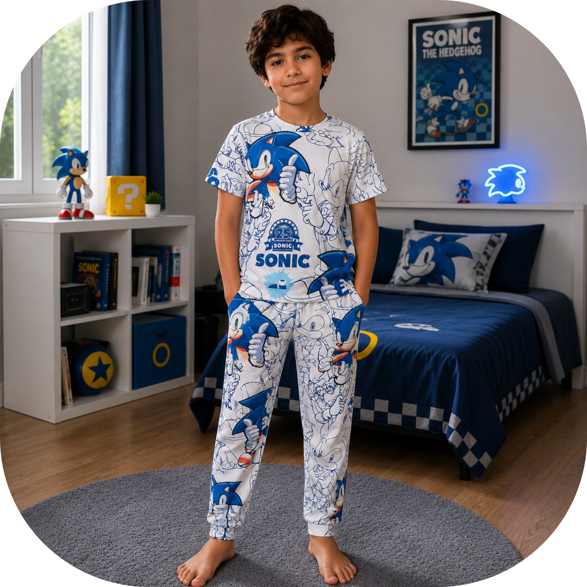 ست بلوز آستین کوتاه وشلوار پسرانه m&m kids طرح سونیک